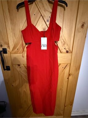 ZARA Red Cutout Midi Dress with Structured Bust